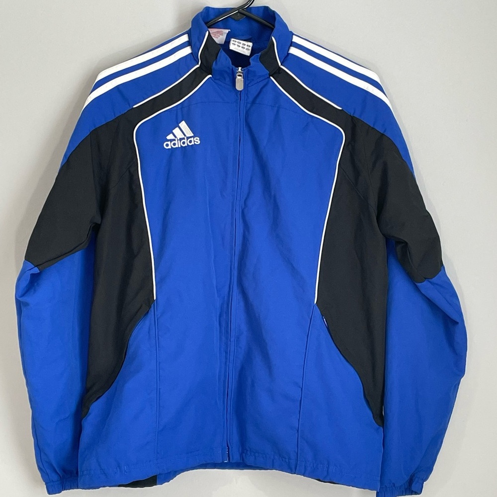 Adidas Jacket Size XL Youth Blue Black w White Stripes and Logo Sporty Athletic